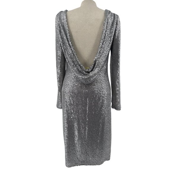 Tadashi Shoji Long-Sleeve Sequined Silver Midi Dress Draped‎ Back Detail Size M - Picture 4 of 9